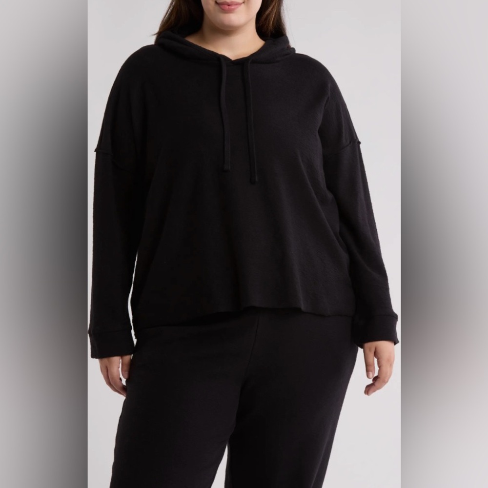 Eileen Fisher Black Waffle Knit Pullover Hoodie, Organic Cotton Blend Size L